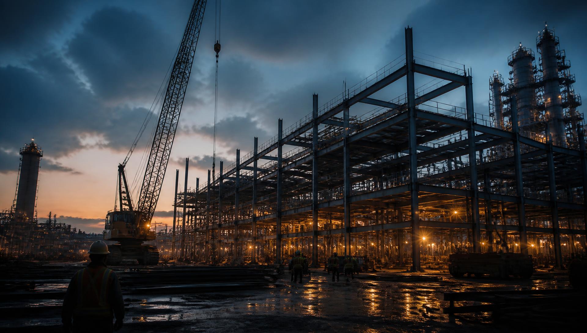 Steel structure under erection at an industrial site with fabricated members in place