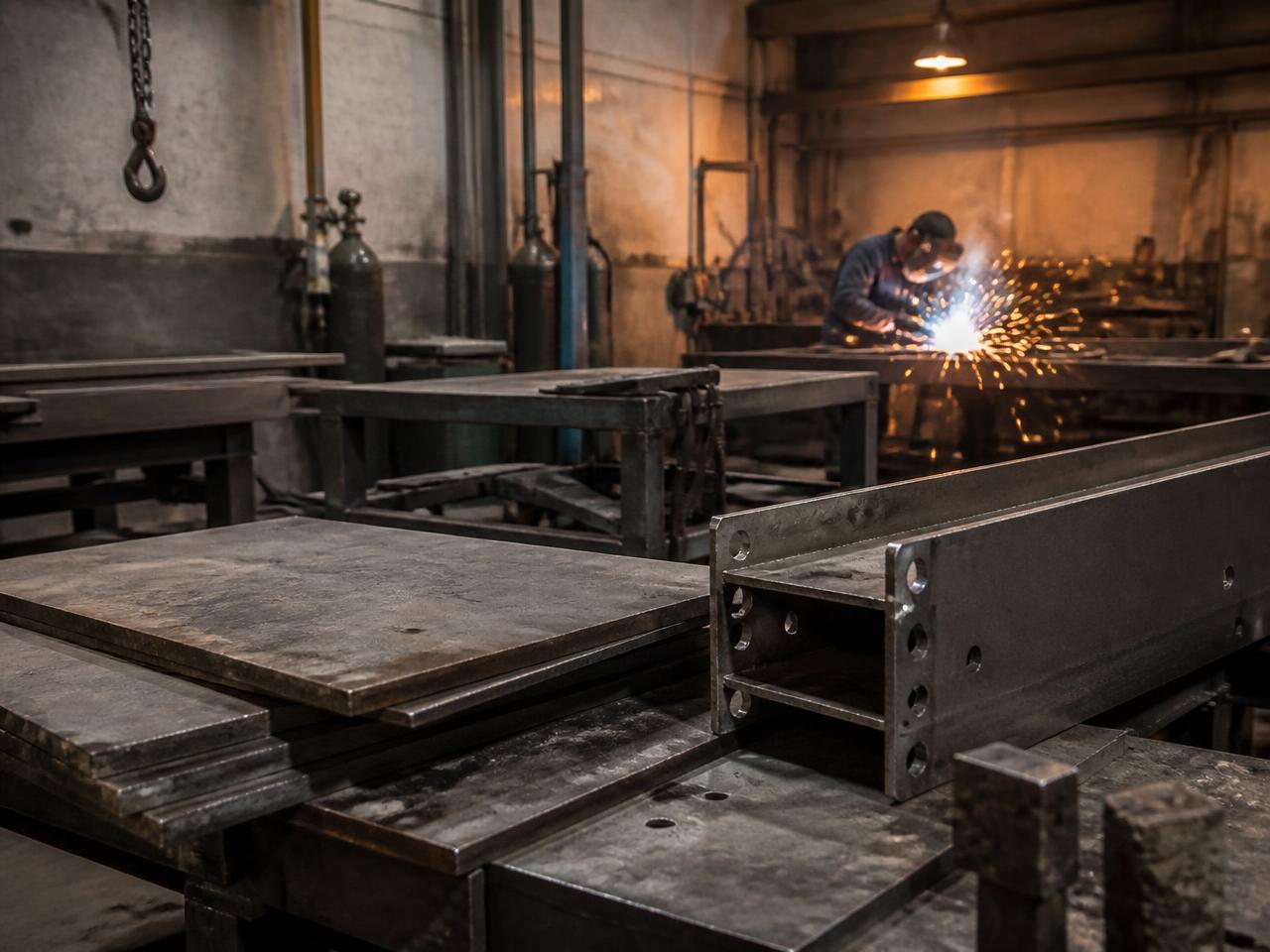 Fabrication workshop with steel sections and welding work in progress
